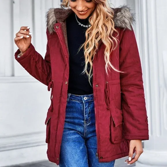Red Preppy Womens Fuzzy Trim Hooded Drawstring Waist Teddy Lined Parka Coat - Picture 1 of 5